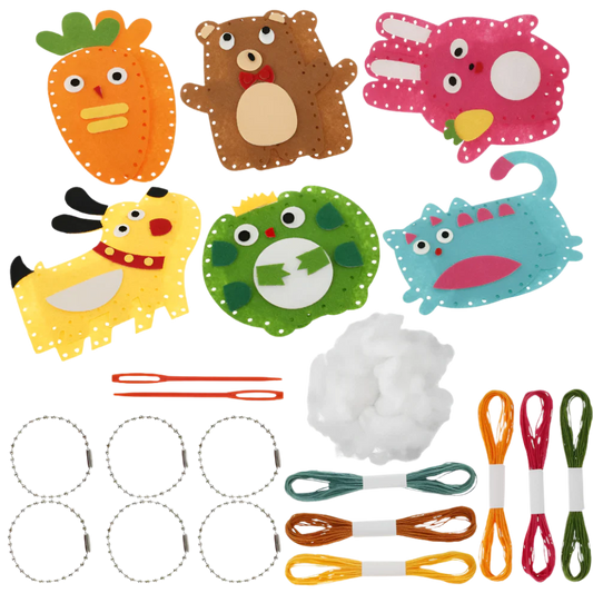 Set of colorful animal-themed craft supplies on a white background